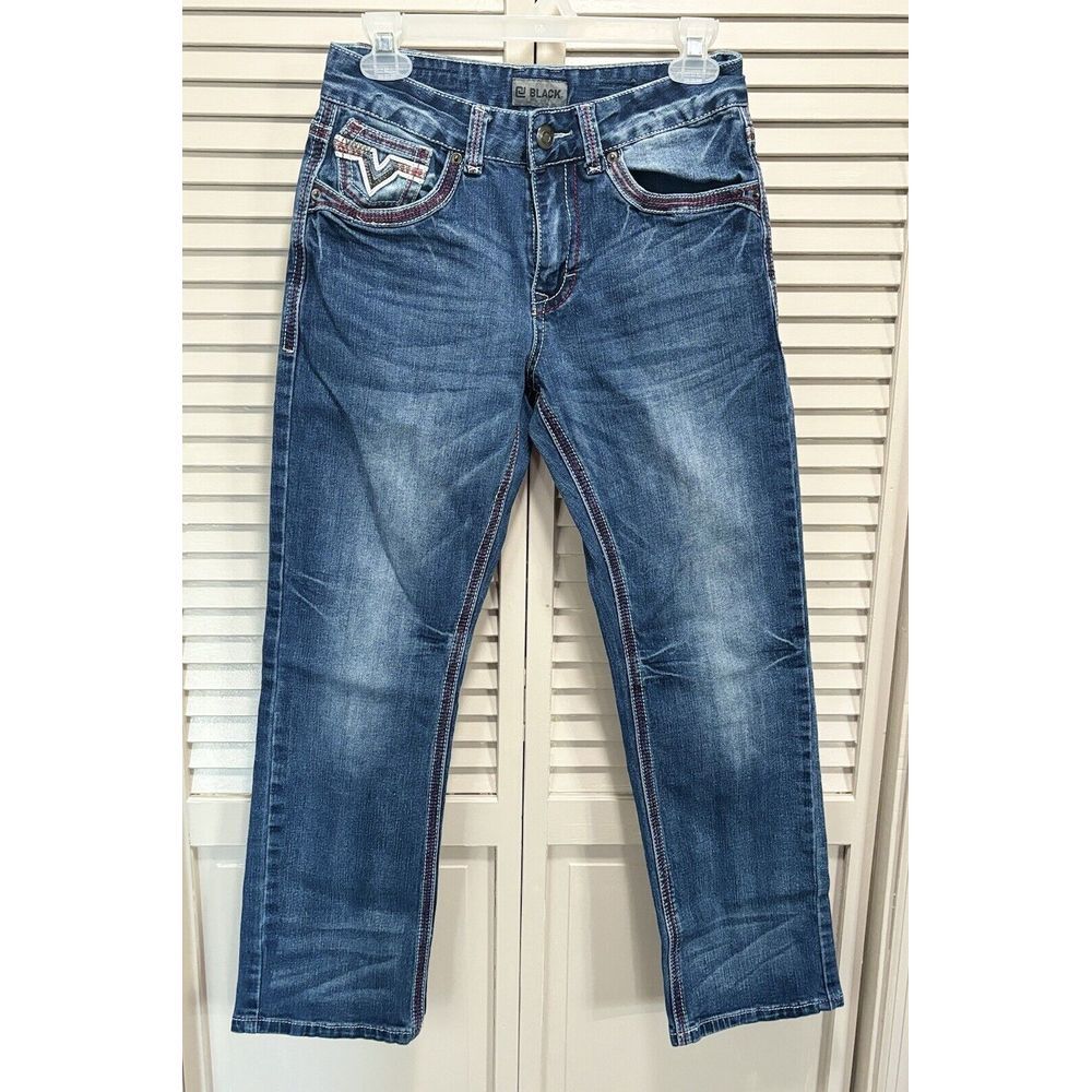 BLACK‎ Med Wash Bootcut Flex Denim Jeans Pocket Stitching Embroidered Size 28x30